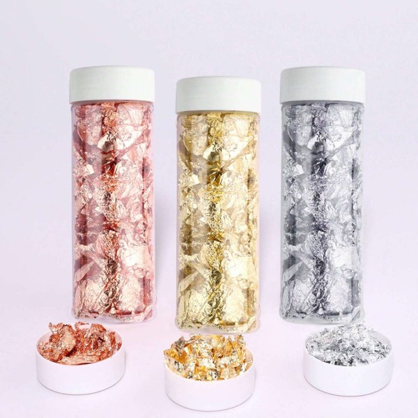 Enhance your resin art, nail designs, and DIY crafts with this premium 3-color metallic foil flakes set featuring gold, silver, and rose gold.
