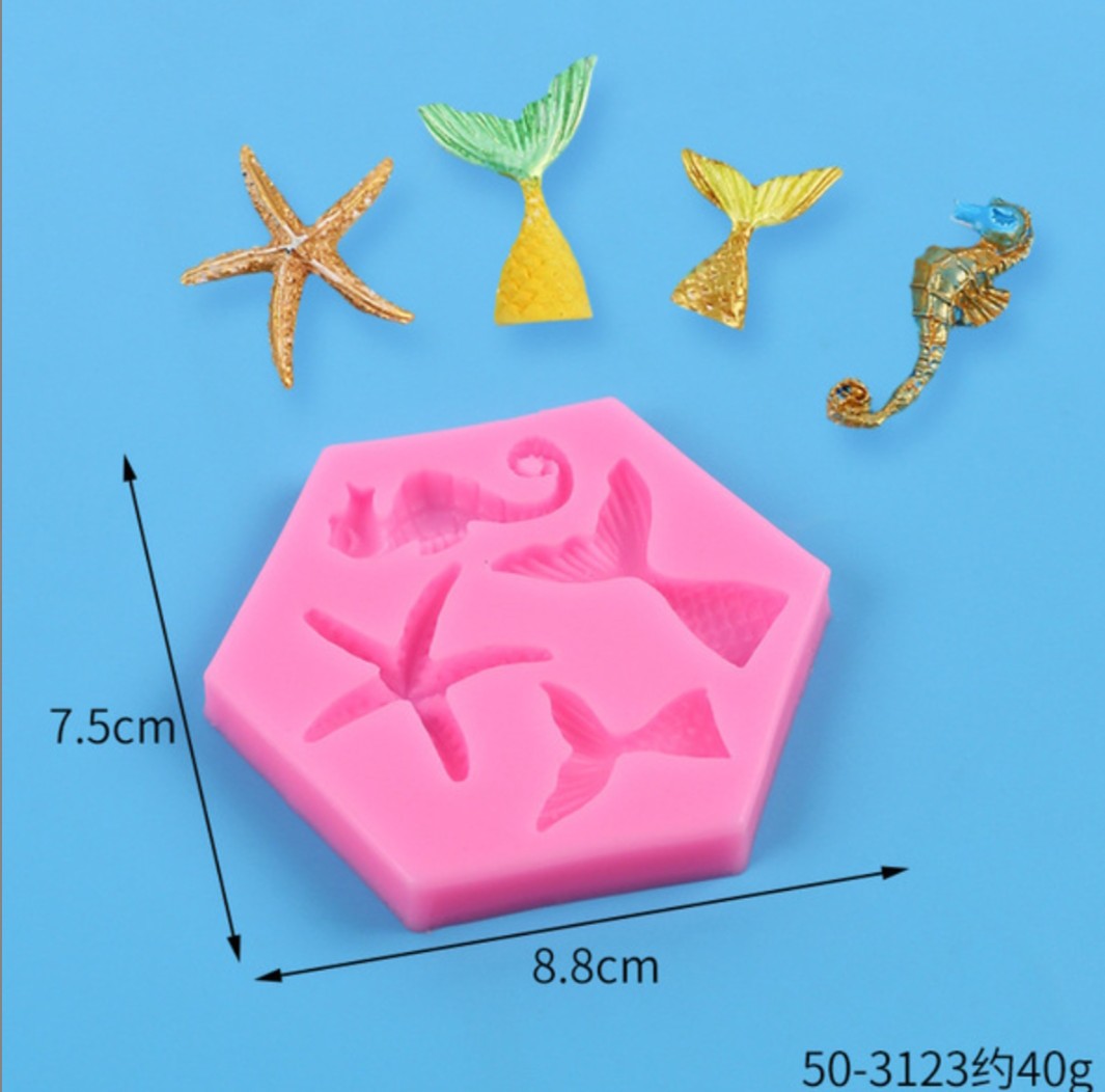 Ocean Theme Mermaid Tail, Starfish and Seahorse Silicone Mold - 8.8cm