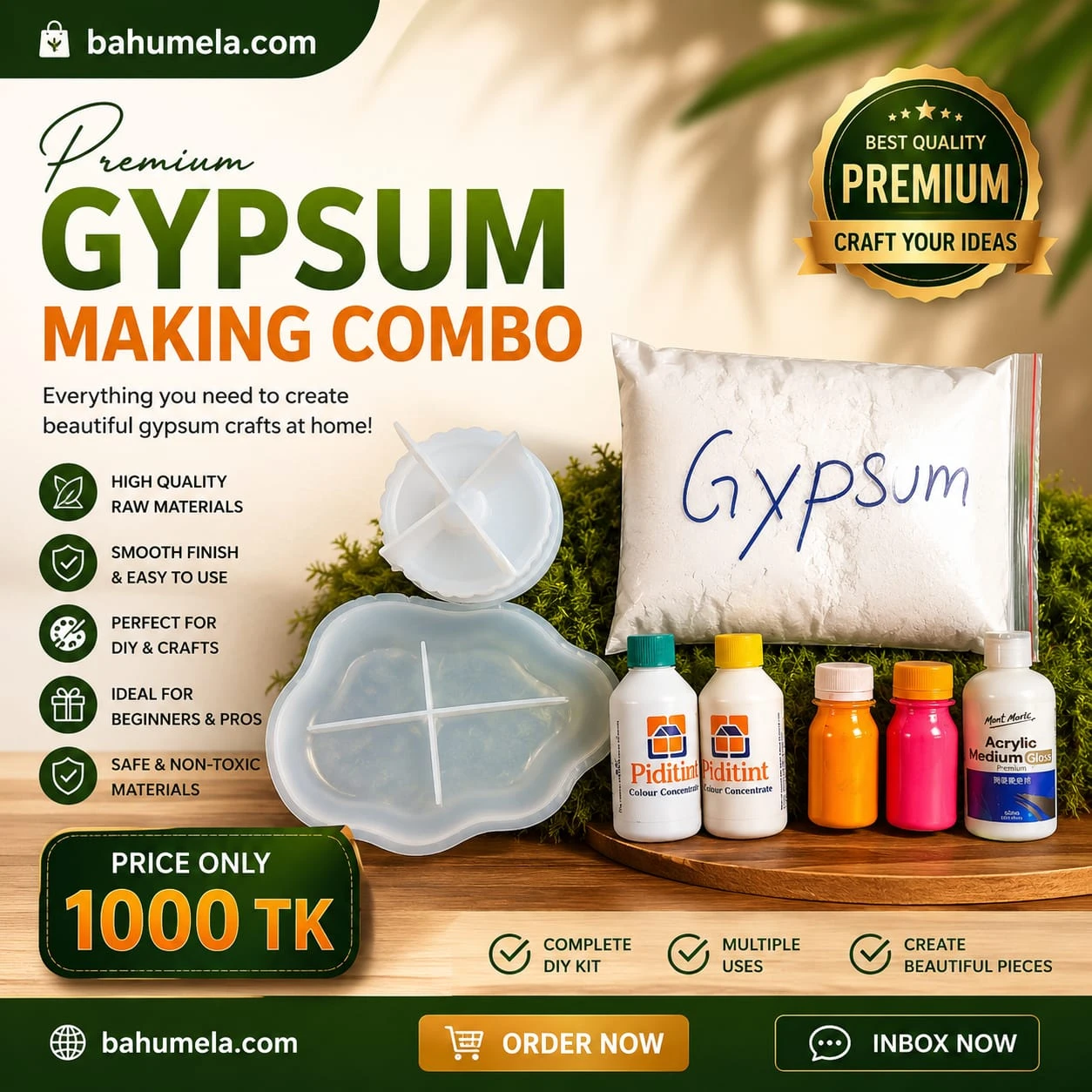 Premium DIY Gypsum Craft Making Combo Kit with Silicone Molds & Colors
