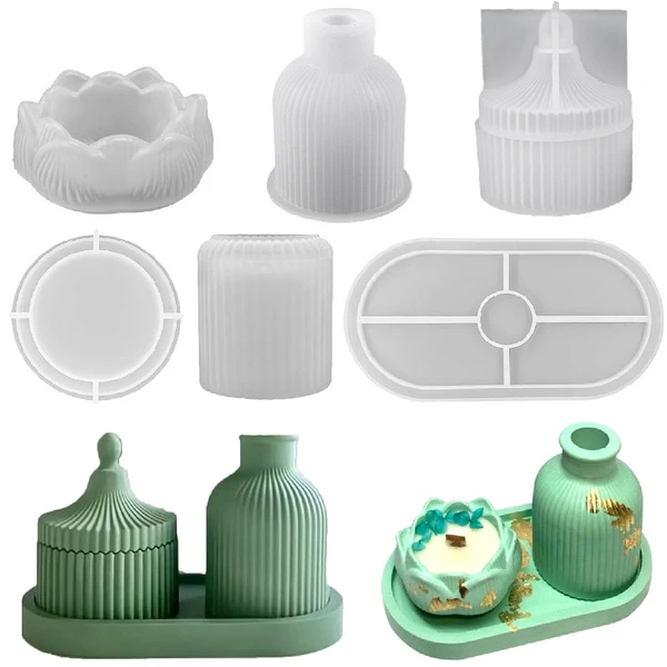 Lotus Candlestick Stripesd Vase Resin Silicone Mold Glue DIY Storage Box Storage Tray Gypsum Cement Tray,